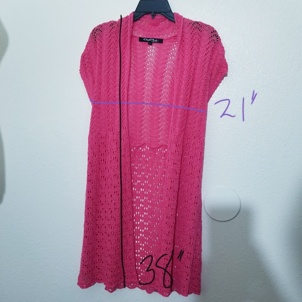 Open knit cardigan, perfect for layering, watermelon pink color - Picture 6 of 14